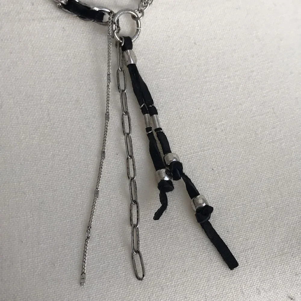 Free People Silver Tone and Black Leather Striped Necklace